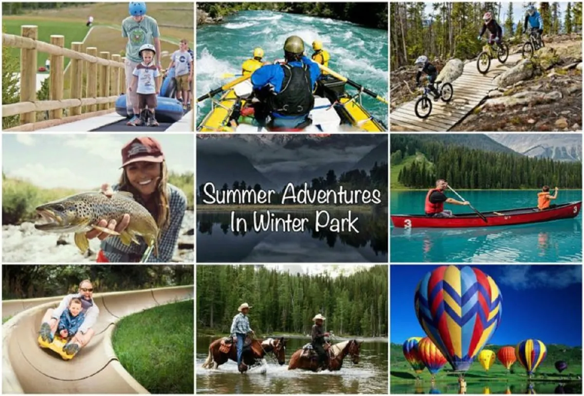 A vibrant outdoor scene showing families participating in summer activities such as rafting, biking, fishing, kayaking, horseback riding, and zip-lining. Hot air balloons and children playing create a joyful, action-packed atmosphere that highlights the energy of the warmer months.